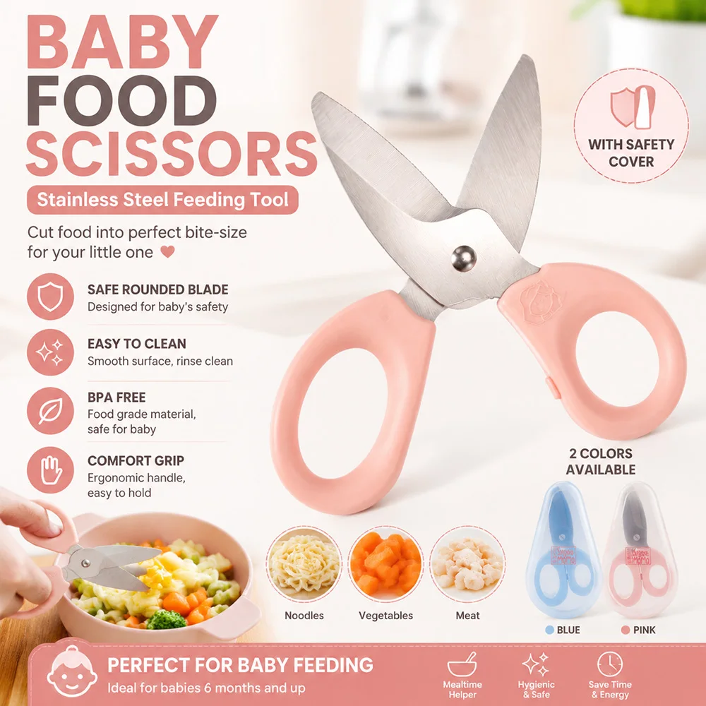 Baby Food Scissors Stainless Steel Baby Feeding Scissors BPA Free Safety Kitchen Scissors for Toddler Food Cutting Easy Clean