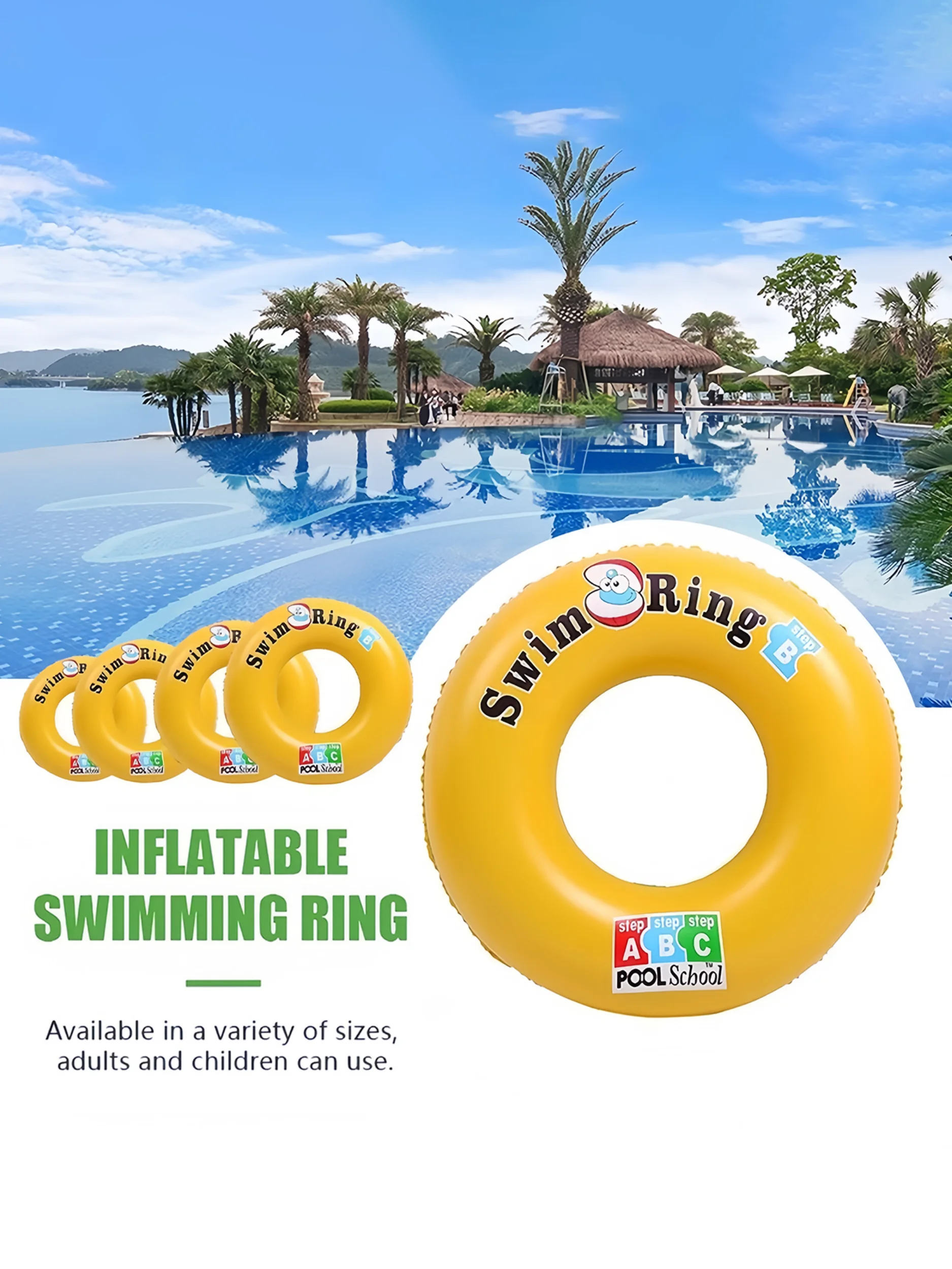 Nieuwe grensoverschrijdende populaire ABC gele zwemring met handvatten, schattige oksel drijvende ring, verdikte PVC zwembadvlotter,