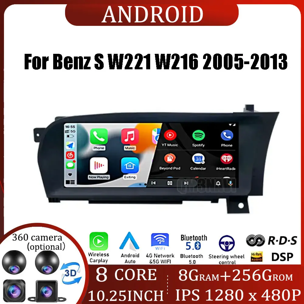 

RHD Car Accessories Carplay Monitors Speacker Radio Multimedia Player Android 14 Screen For Benz S W221 W216 2005-2013