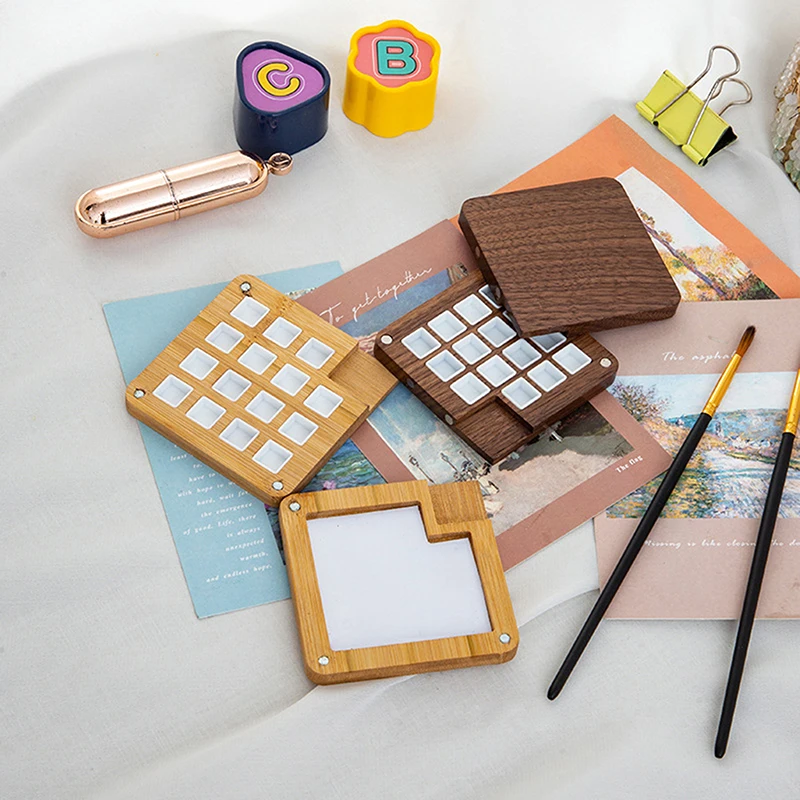 8/15 Grid Portable Sketchbook Palette Mini Walnut Wood Color Palette Box Travel Watercolor Case For Drawing Without Colors