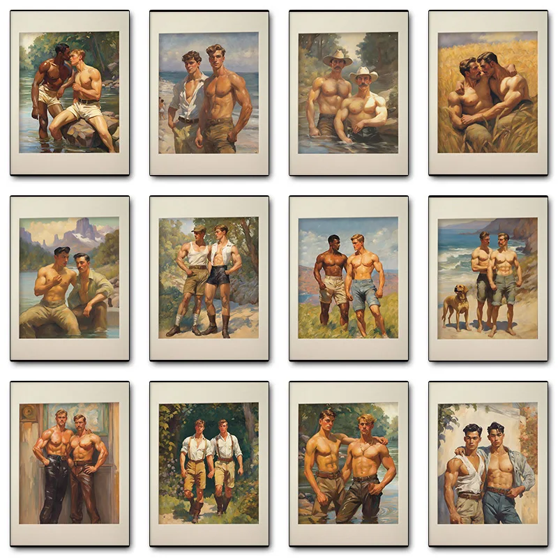 Man Gay Kiss Vintage Muscular Male Body Forest Walk Poster Print Wall Art Pictures Canvas Painting Room Bedroom Home Decor Gift