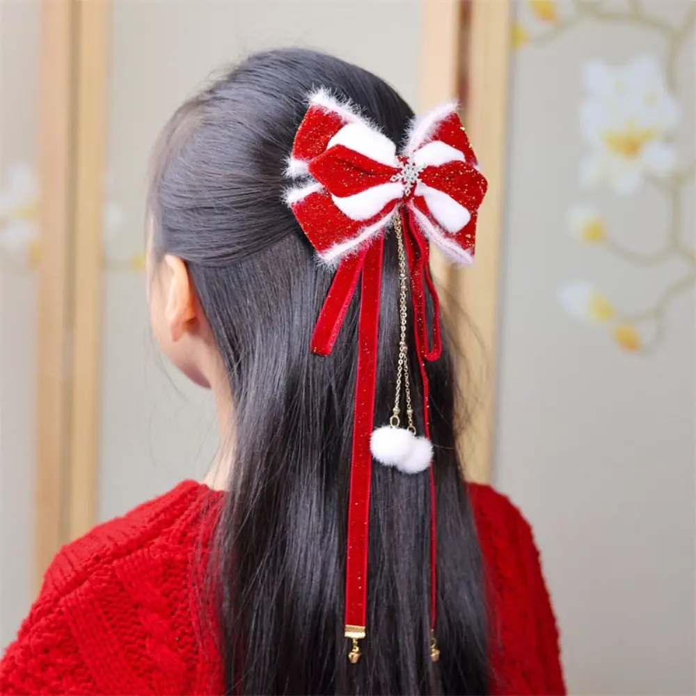 Lion Red Bow Hair Clip Tassel Plush Ball Children's Chinese Hairpin Ribbon Head Wear Embroidered Bow Headwear Decoration