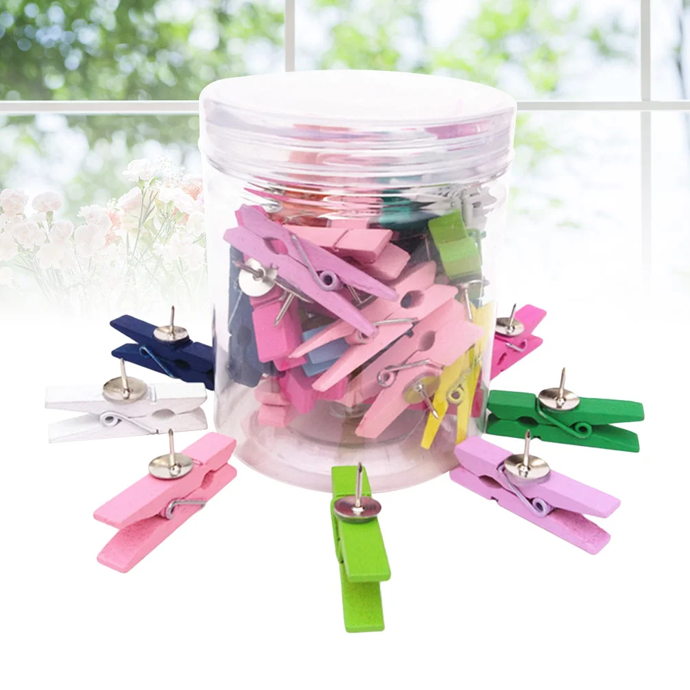 

50pcs Wooden Clips with Push Clothespins Decorative Craft Paper Clips Pushpins Tacks Thumbtacks for Notes Photos Cork Boards Cra