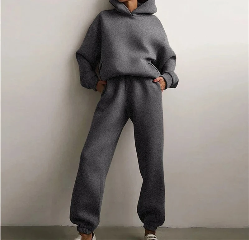 

AutumnTwo-Piece Tracksuit for WomenWarm Hoodie Sweatshirts Long Pant Sets Casual HoodyMonochromatic