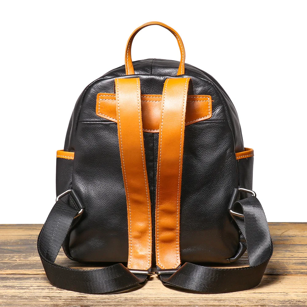 Small Ladies Genuine Leather Backpack Casual Daily Use Real Cow Leather Shoulder Bag Patchwork Cowhide Travel Bag