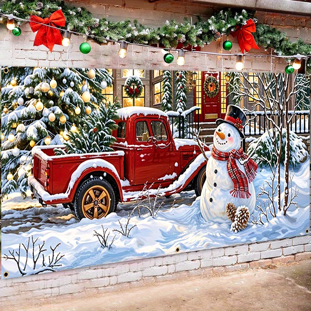 2D-Türbanner, 1 Stück Winterland-Garagentorbanner aus Polyester – Schneemann, Vintage-LKW und Weihnachtsbaum-Design – Weihnachten