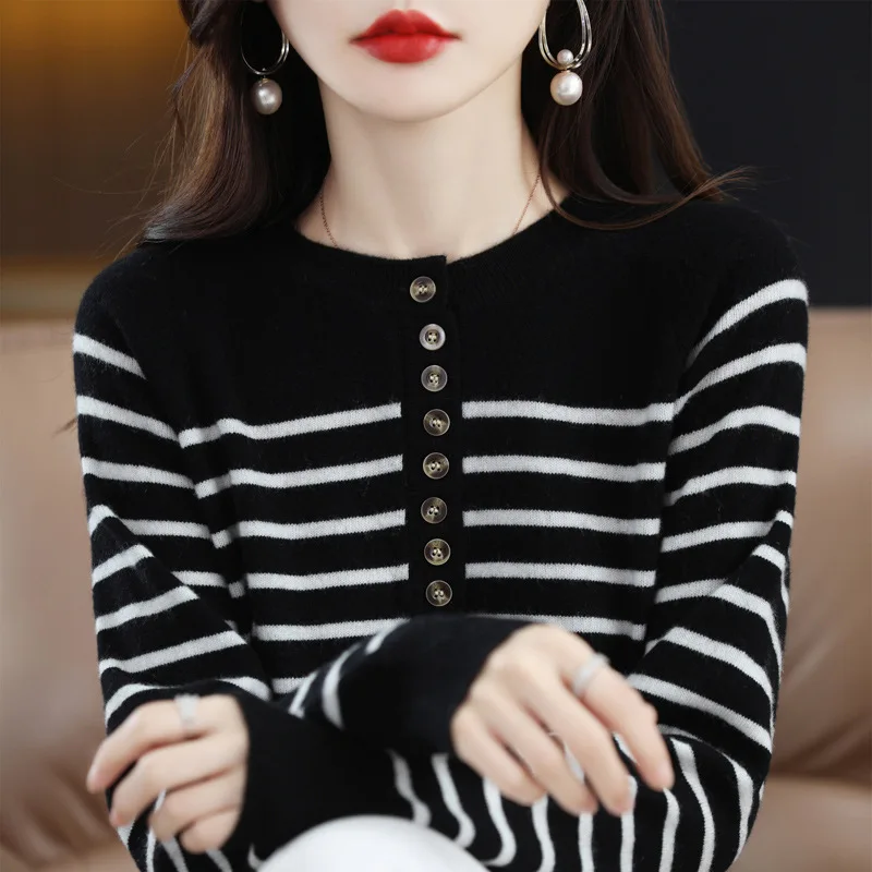 

X8025 Round Neck Sweater Stripe Loose Knit Bottoming Blouse Knitting Shirt Comfortable Pullover Sweater Sexy Basic Tops