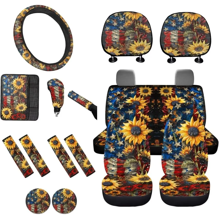 

Sunflower American Flag Printed Car Interior Covers Set for Universal Vehicles with Steering Wheel Cover Armrest Cover Seat Bel