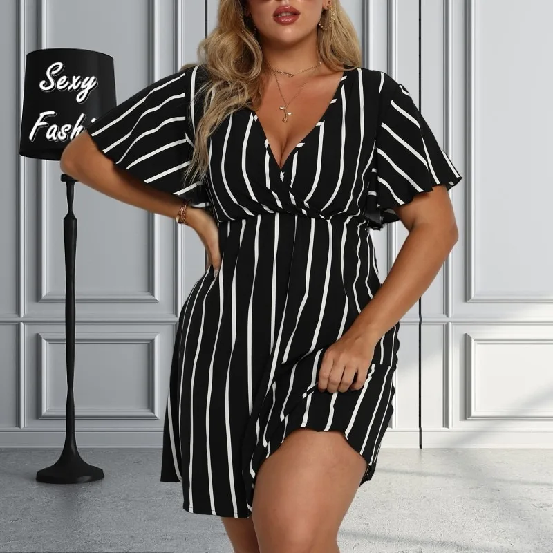 L-4XL grande taille robes pour femmes vêtements bohême rayure été manches courtes col en V profond adt décontracté sexy plage robe mi-longue