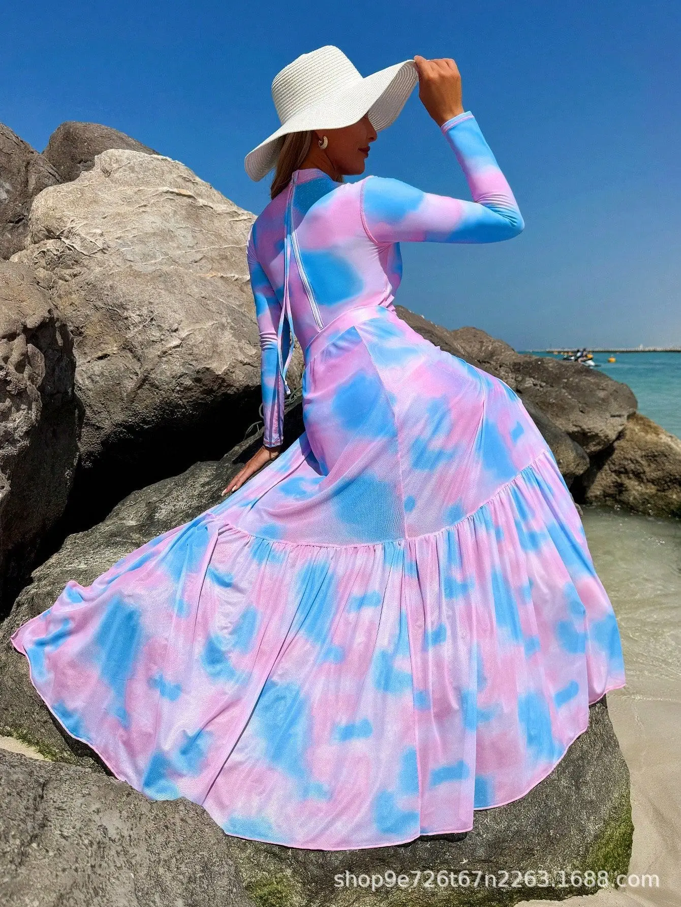 2025 ผู้หญิงดอกไม้สีชมพู Surf ชุดกระโปรงผู้หญิงว่ายน้ํา COVER UP & Slimming One Piece Beach Rash GUARD ชุดแขนยาวชุด
