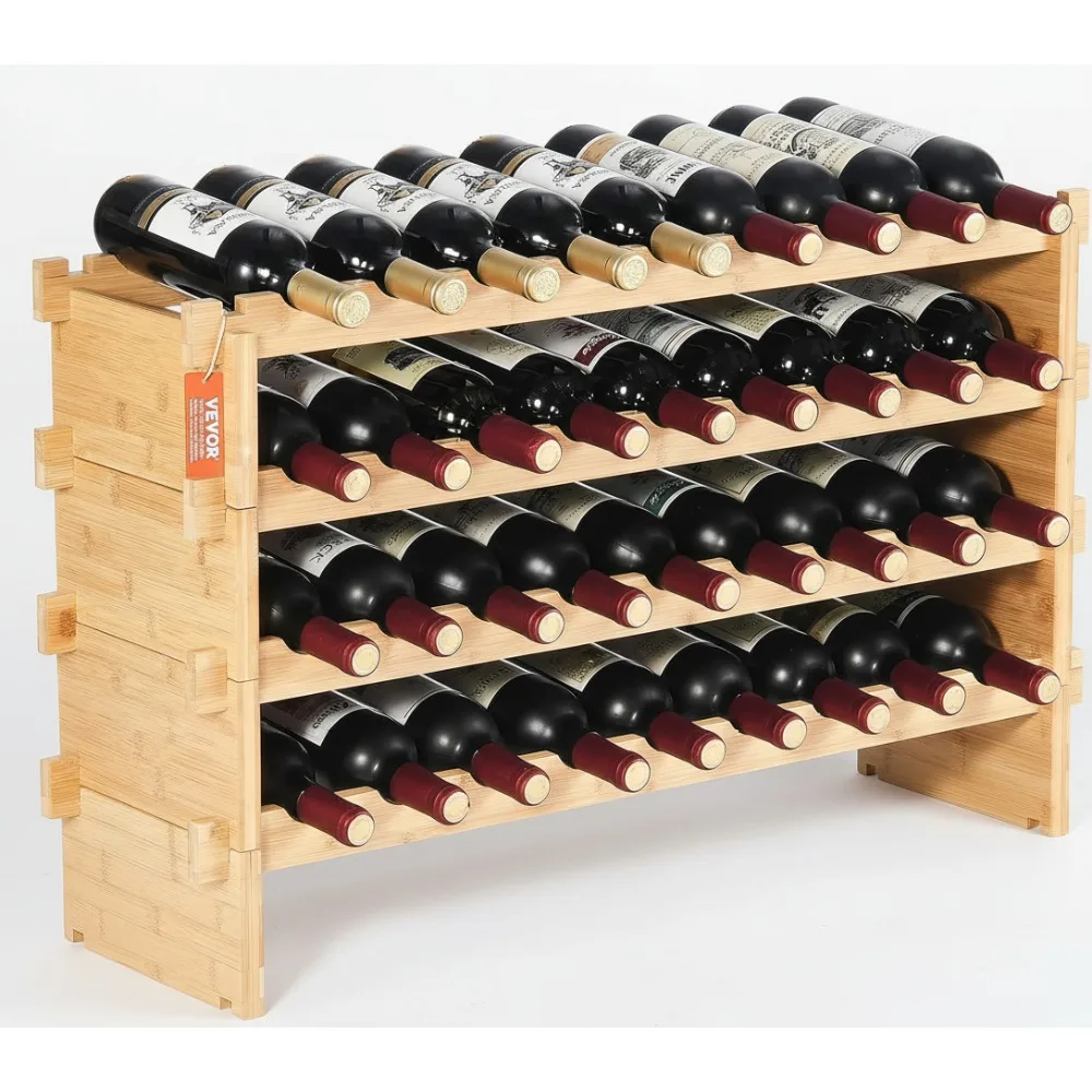 

36 Bottle Stackable Bamboo Wine Rack, 4-Tier Wobble-Free Storage Shelf for Kitchen Bar Cellar