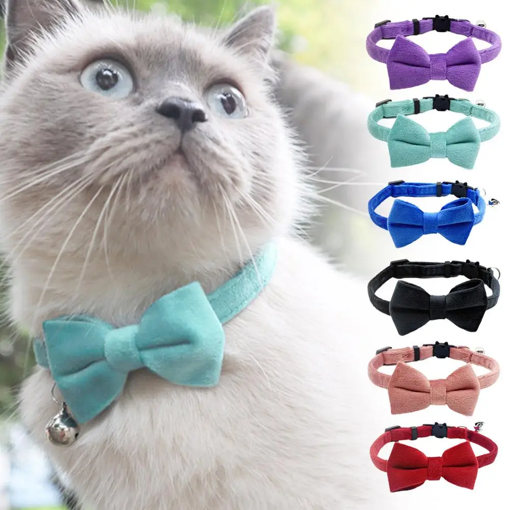 Suede Bow Collar Solid Color Bowknot Puppy Chihuahua Pets Safety Bow Accessories Bell Cats Tie Adjustable Buckle Collars wi J1A6