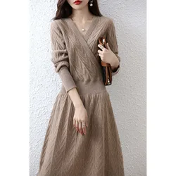 Elegant Fashion Cashmere Sweater Women Dresses 100% Merino Wool V-Neck Long-Sleeve Thick Knitted Dress Winter Long A-Line Skirts