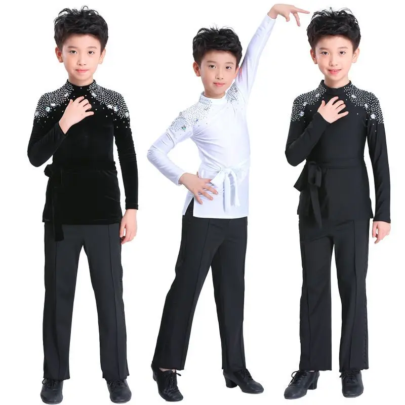 

Black diamond inlay Korean Golden Velvet Boys' Latin Dance Top Children's long sleeved modern dance exam performance costume