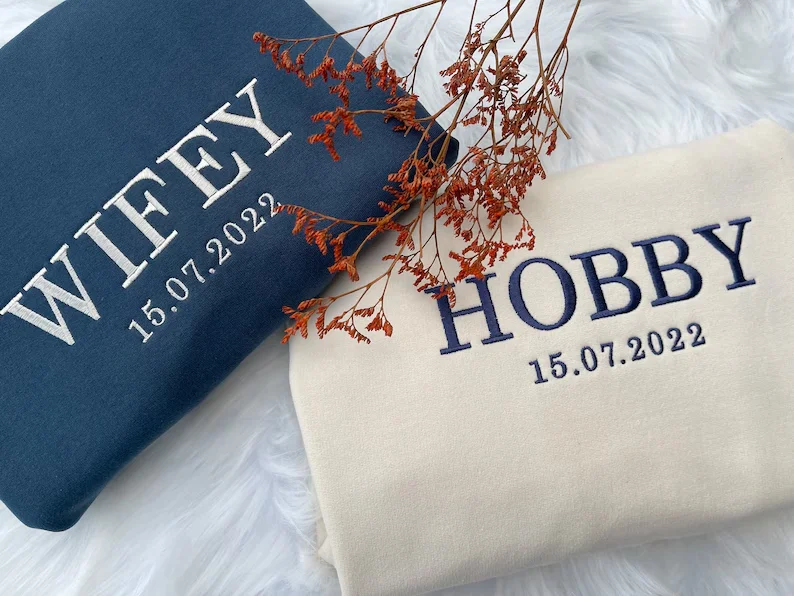Custom Wifey and Hubby Embroidered Valentine Sweatshirt Matching Couples Jumper Mrs and Mrs Girlfriend Gift Unisex Wedding Gift