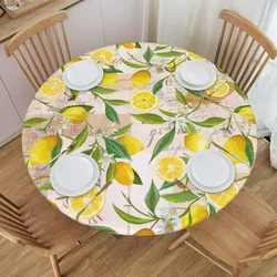 Round Table Cloth Lemon with Flower and Leaves Tablecloth Elastic Edge Fitted Table Cover Fits Tables Up to 45