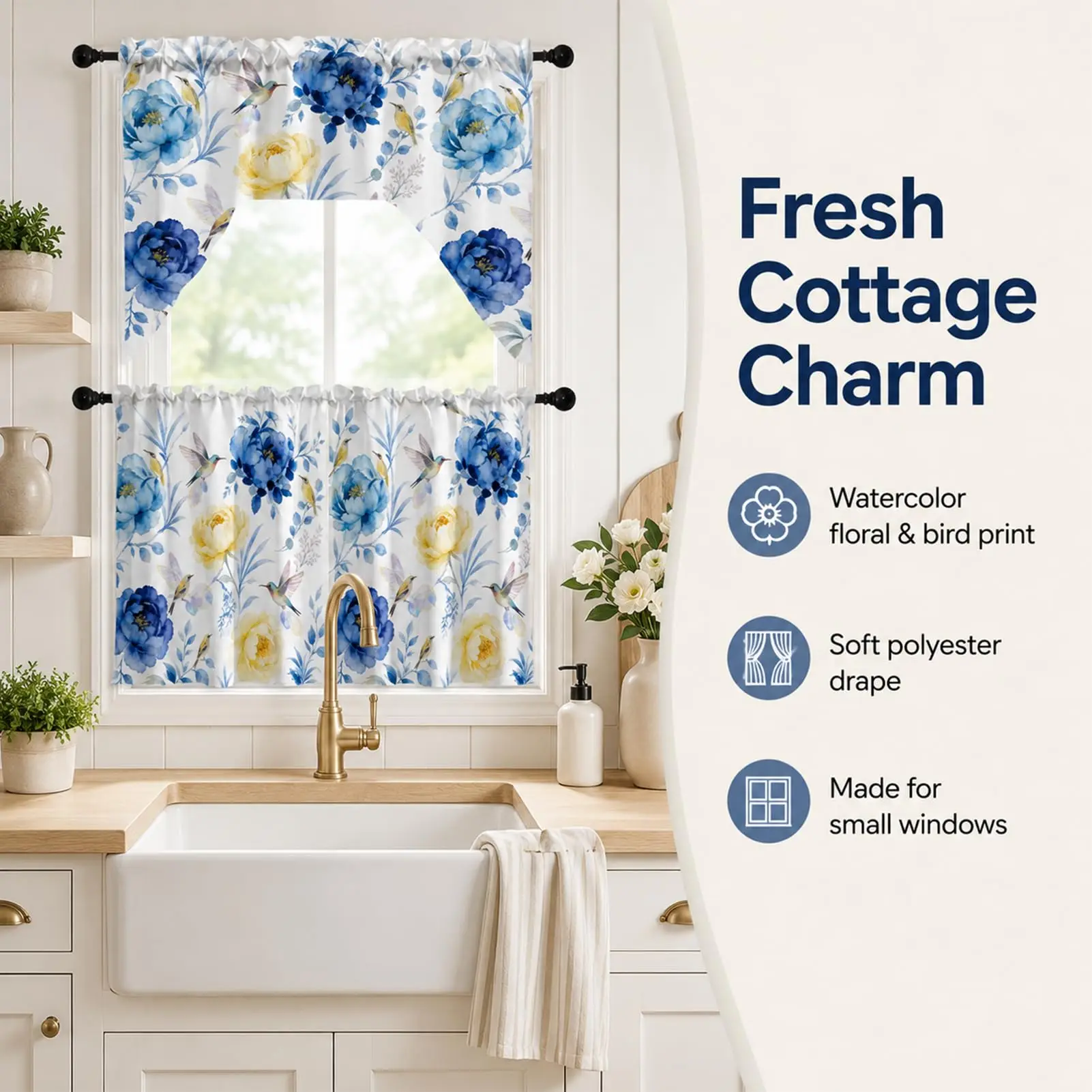 Swag Valance Curtains for Kitchen Window 3 Pcs, Printed Blue Floral Spring Curtain for Living Room Bedroom Bathroom Cafe