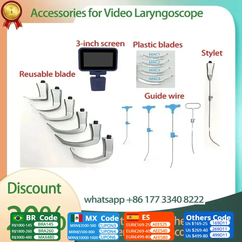 Video Laryngoscope Stainless Steel Blades, 3 sizes guide wire,and Screen， the blade is only suitable for CORE-RAY brand screen