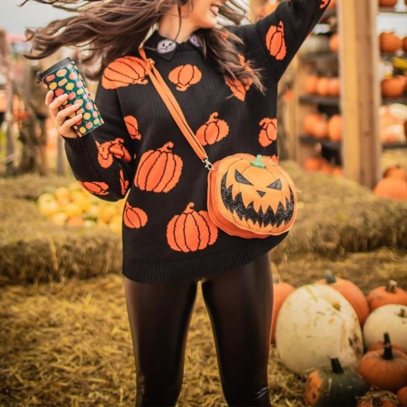 

2025 Halloween Pumpkin Ghost Pattern Sweater Women Knit Top Loose Long Sleeves Warm Autumn Winter Streetwear Girl Pullover