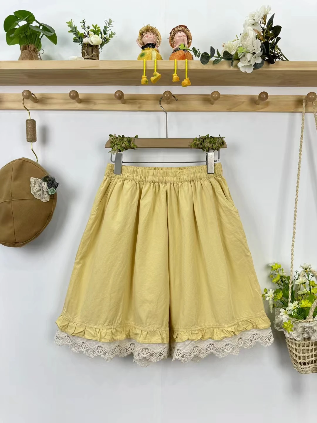 Shorts de bainha de algodão feminino, elástico na cintura, casual, doce, verão