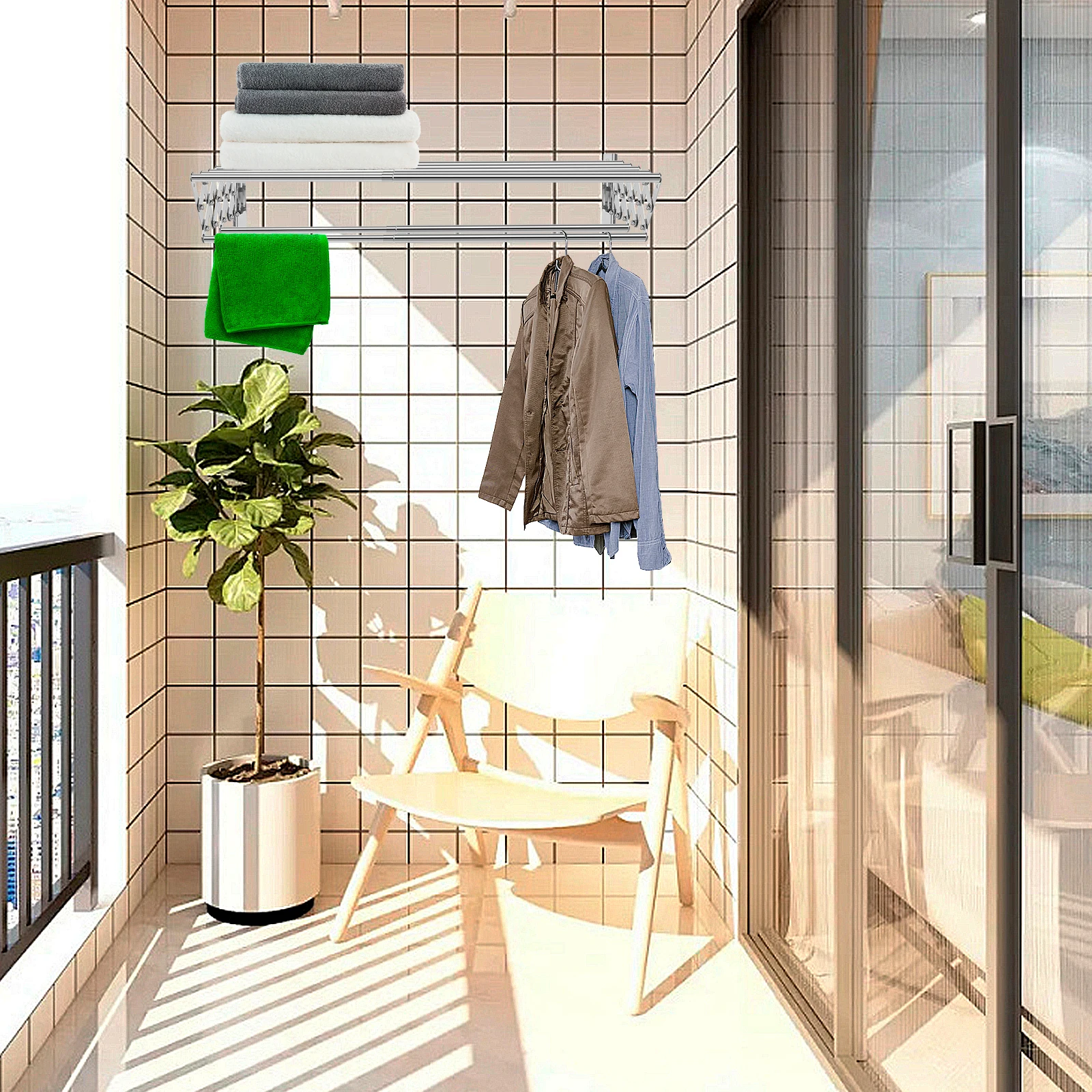 New Collapsible Laundry Drying Rack Stainless Steel Wall Mounted Clothes Towel Dry Rack with 7 Drying Rods for Balcony Bathroom