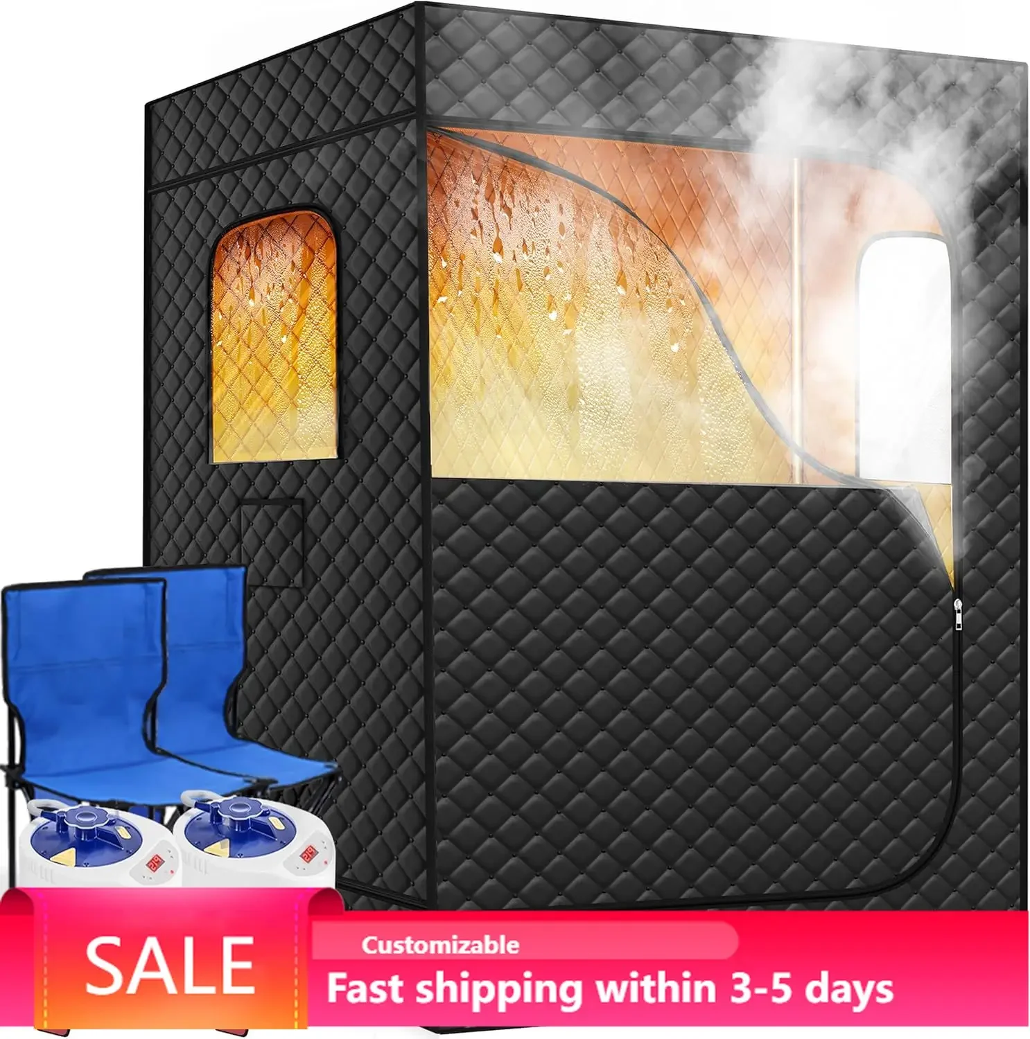 2 Person Portable Steam Sauna for Home, Extra Large Sauna Tent, Upgraded 2 Steamer, 2 Foldable Chair & Remote Control, Black