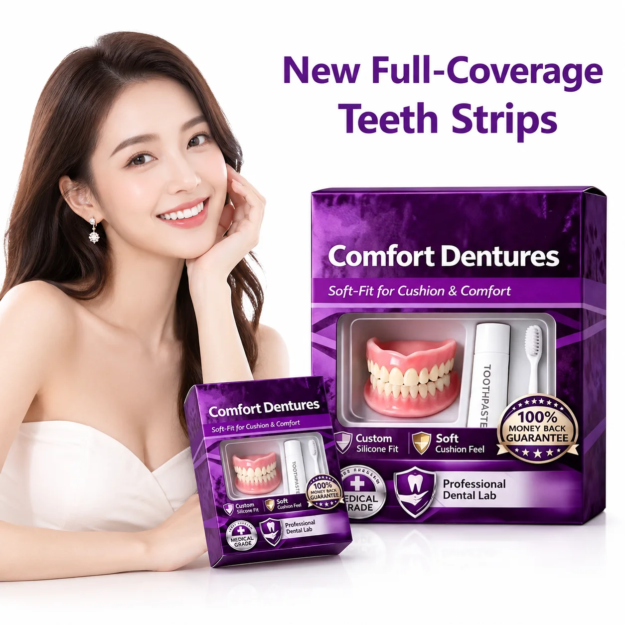Adult Adjustable Fake Teeth Set Upper and Lower Full Mouth Cosmetic Denture Sample DIY Smile Cover for Party Stage Decoration