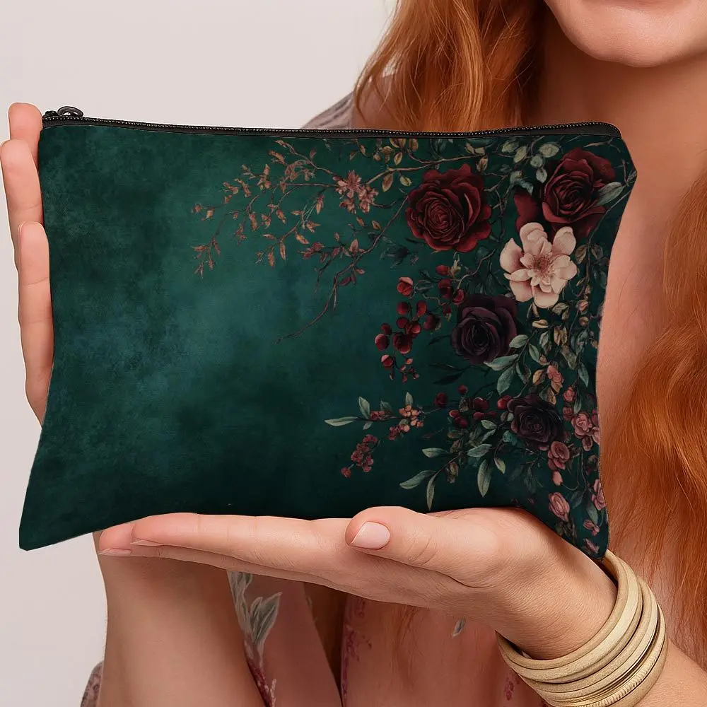 1pc Dark Green Vintage Floral Makeup Bag,Cosmetic Pouch,Suitable for Daily,Travel,Makeup Storage,Elegant Gift for Flower Lovers