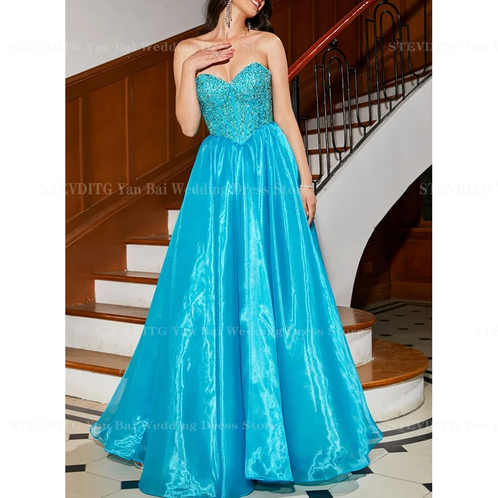 Glitter Ocean Blue Prom Dresses With Sequins Chic Strapless Backless A-Line Gown Formal Party Special Occasion Custom Made Robes