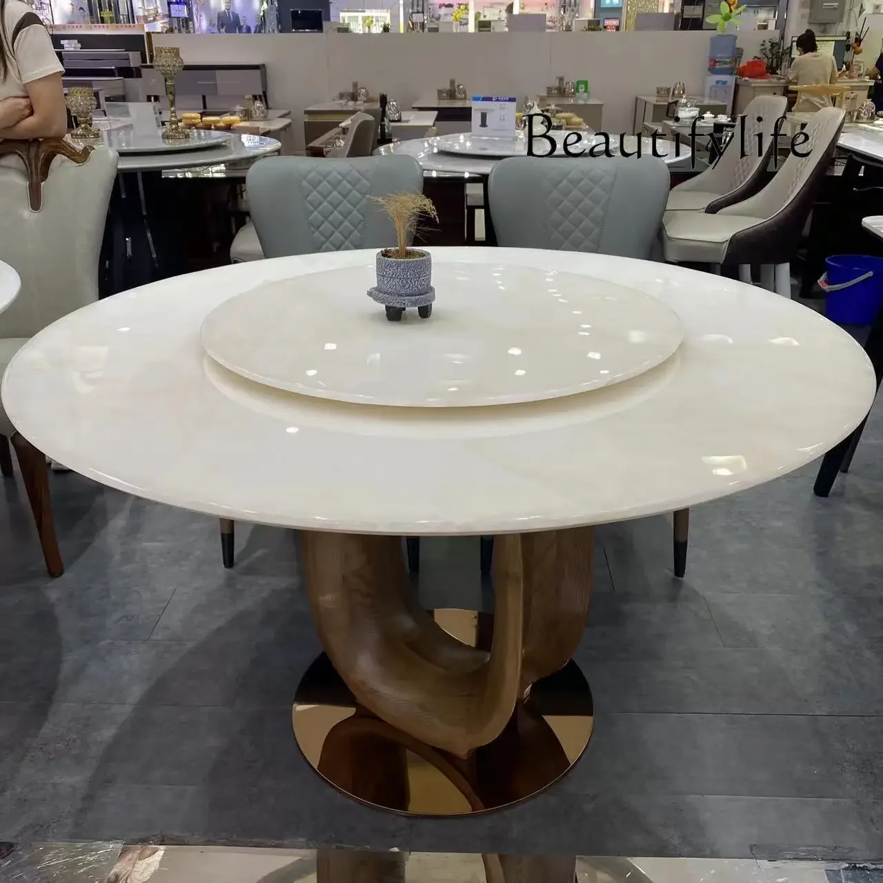 

ls 42Pure natural marble dining table round luxury stone series white ice jade translucent round turntable dining table and chai