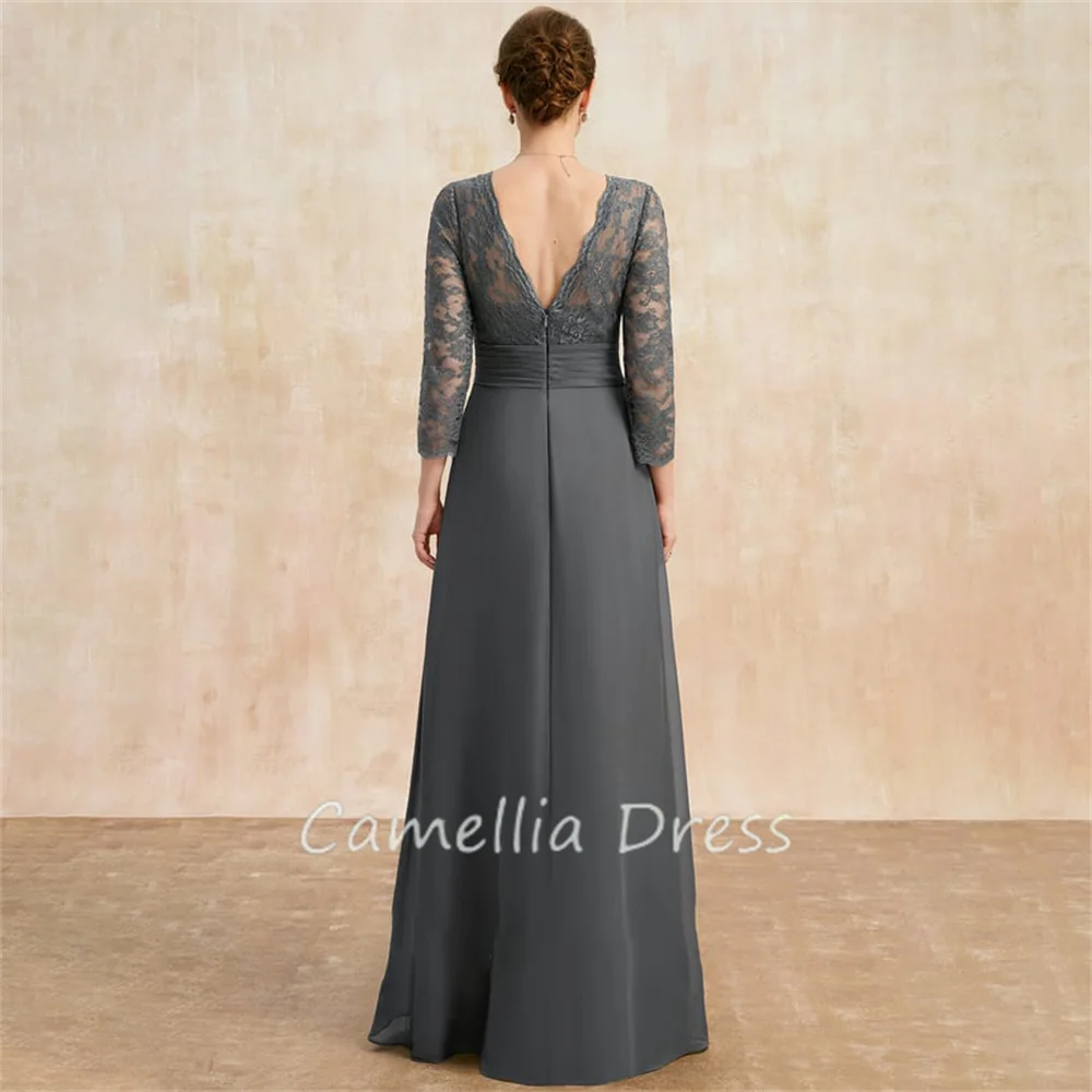 New V-Neck Mother Of The Bride Dress A-line Floor-Length Lace Chiffon Pleated Formal Dresses Vestidos Mae Da Noiva Casamentos