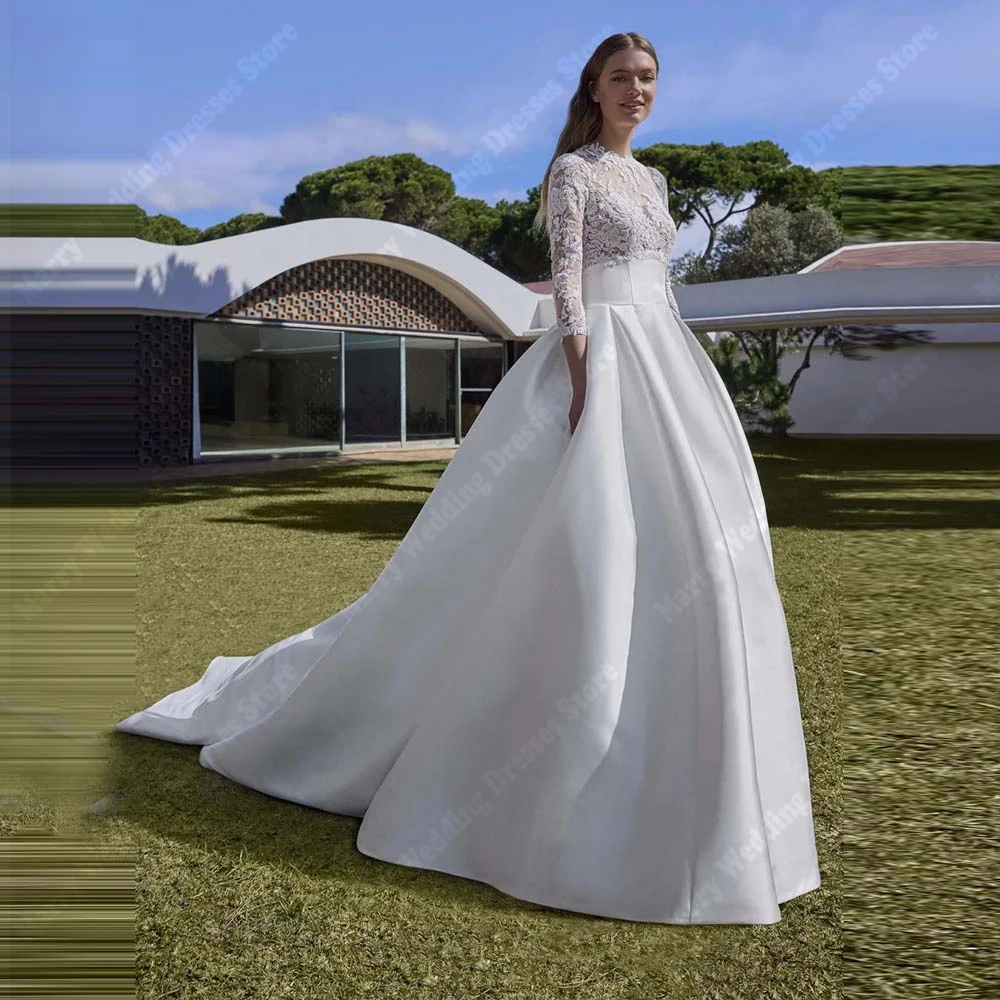

Round Collar A-Line Women Wedding Dresses Charming Three-Quarter Sleeve Bridal Gown Mopping Length Vestido Para Mujer Customized