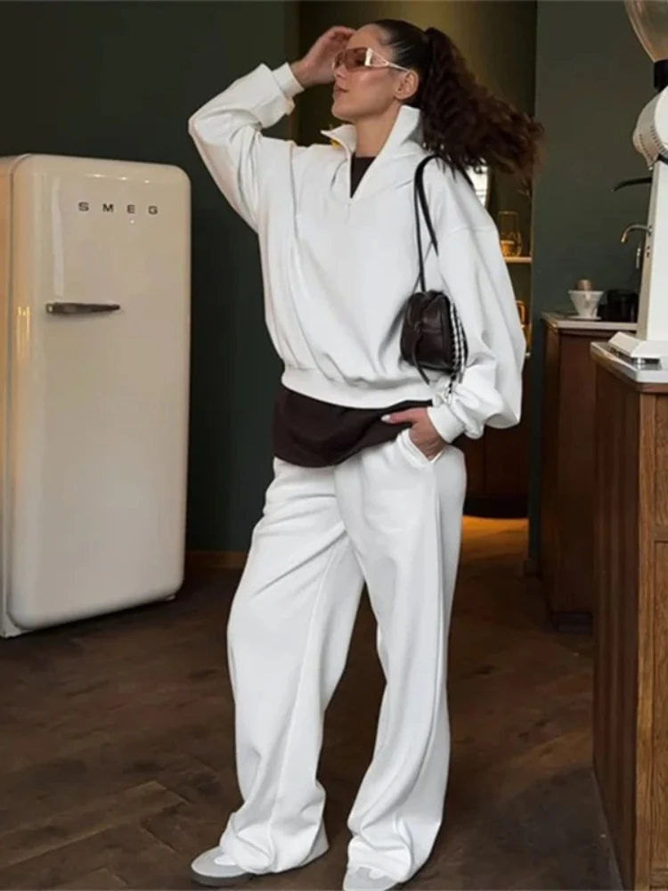 2026 Oversize Loose Sweatshirt Two-piece Suit Women's Cotton Casual Sports Sets Stand-up Collar Pullover Top Wide-leg Pants Sets