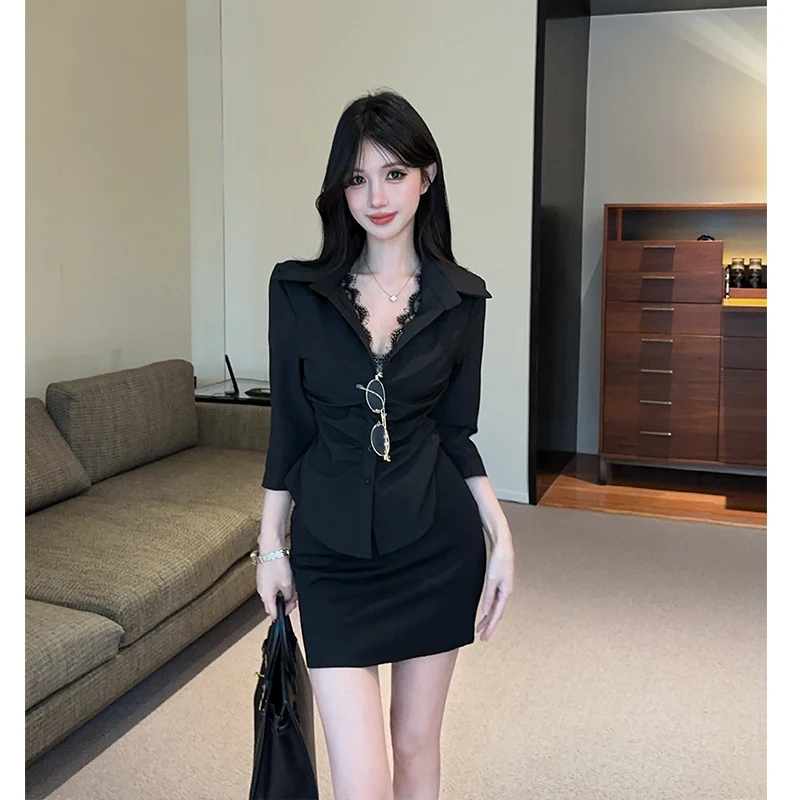 Pure Desire Sexy Lace White Mid-Sleeve Shirt Women's Slim Fit Waist-Cinching Top And Skirt Set Autumn Fashion Casual Wear