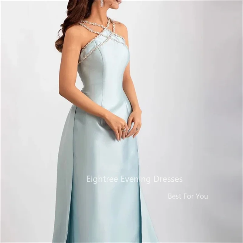 Eightree gaun malam biru langit elegan gaun Prom Halter Halter berkilau panjang lantai gaun pesta pengantin Halter lipit