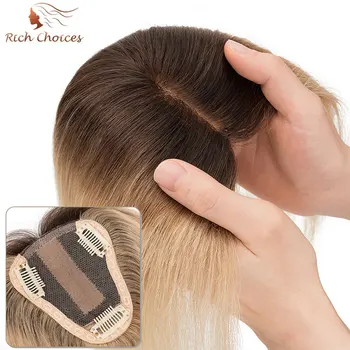 Escolhas Ricas-Toppers de Cabelo Lisos para Mulheres, Top Hairpieces, 100% Cabelo Humano Real, Clip In, Ombre, Loiro Claro, 8x10cm