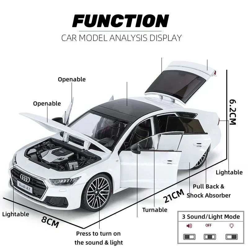 1:24 Audi A7 modello di auto giocattolo pressofuso veicolo in lega in miniatura tirare indietro suono e porte luminose collezione apribile regalo per ragazzo bambino