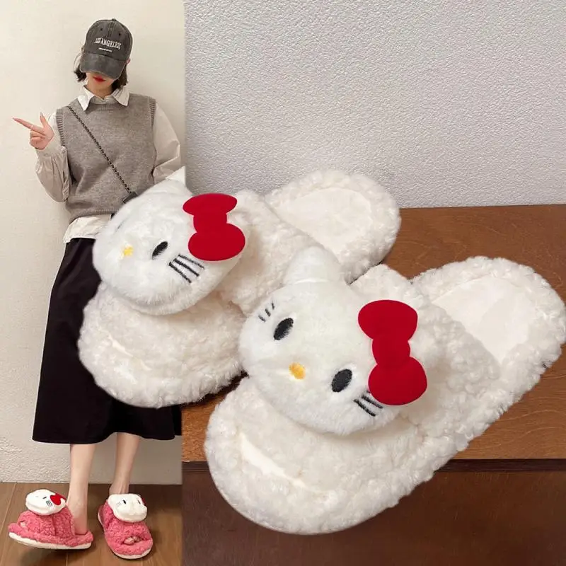 

Милые женские плюшевые тапочки Hello Kitty Sanrioed, хлопковая обувь Kawaii в стиле аниме, студенческая зимняя мягкая обувь для спальни, праздничные подарки для девочек