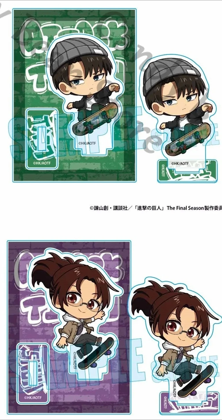 『進撃の巨人』アニメの正規品。リヴァイ・アッカーマン、ハンジ・ヨーゼ、エレン・イェーガーのコスプレ用アクリル製フィギュアスタンド。クリスマスにも最適。