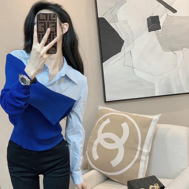 Spring Autumn New Fashion POLO Collar Long Sleeve Shirts Women\'s Clothing Patchwork Contrast Color Simplicity Versatile Blouses