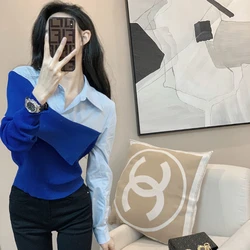 Spring Autumn New Fashion POLO Collar Long Sleeve Shirts Women's Clothing Patchwork Contrast Color Simplicity Versatile Blouses