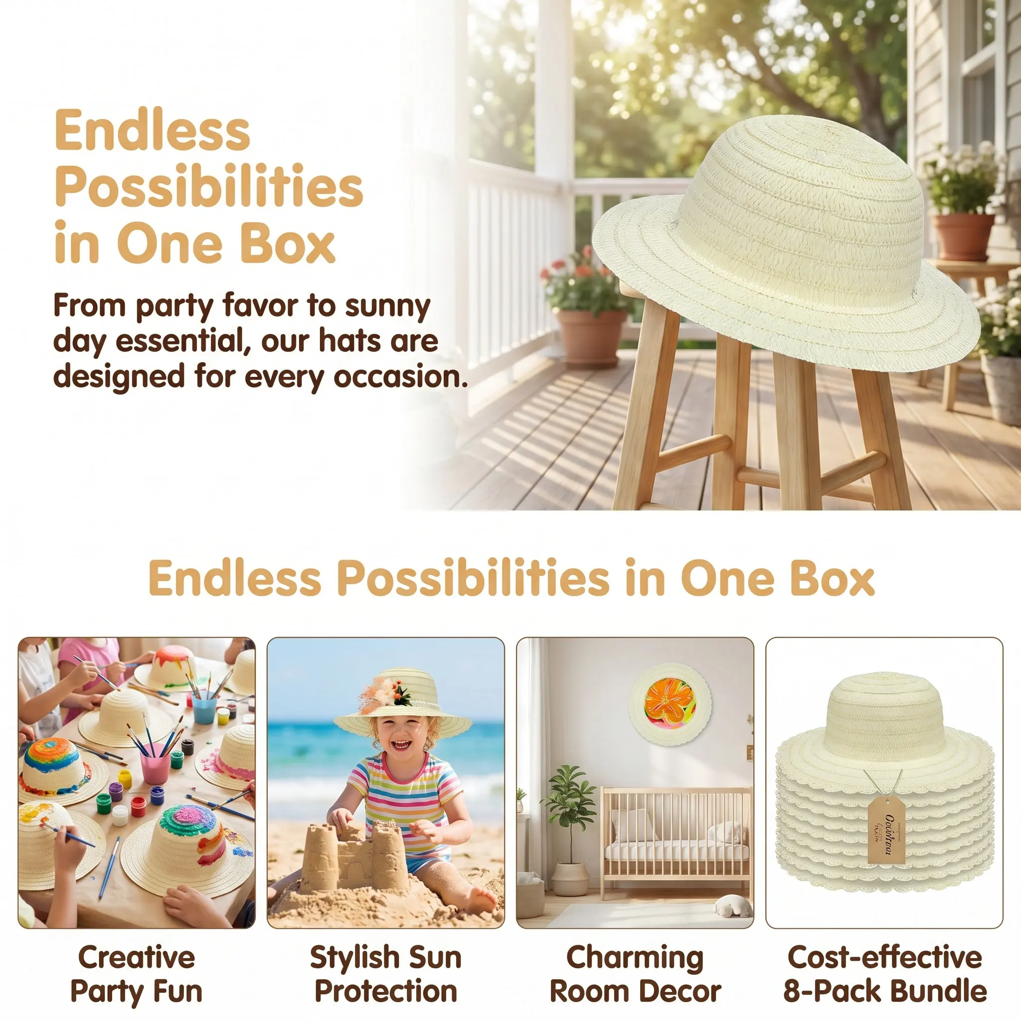 8pcs Kids Straw Hat Diy Craft Kits Plain Unpainted Sun Hats For Children Painting Activities Bulk Craft Hats For Kids Girls