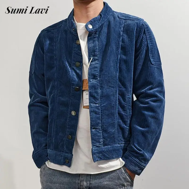 Men's Corduroy Jacket Vintage Stand Collar Button Front Coat Casual Retro Workwear Style with Pockets Autumn Fashion Outerwear