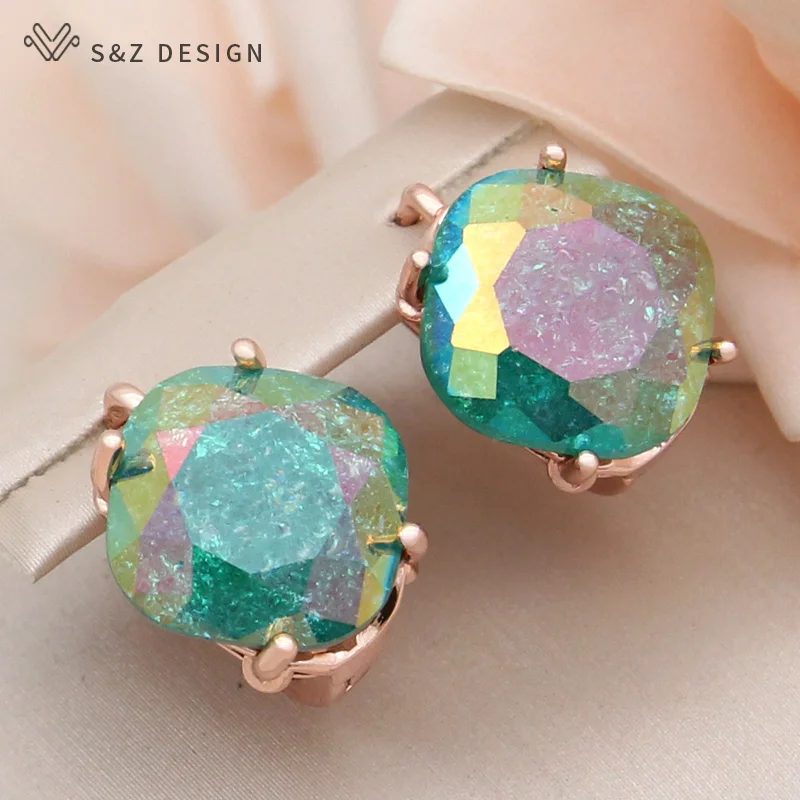 S&Z DESIGN New Fashion Square Ice Crack Crystal Dangle Earring For Women Wedding Stylish Jewelry 585 Rose Gold Color Eardrop