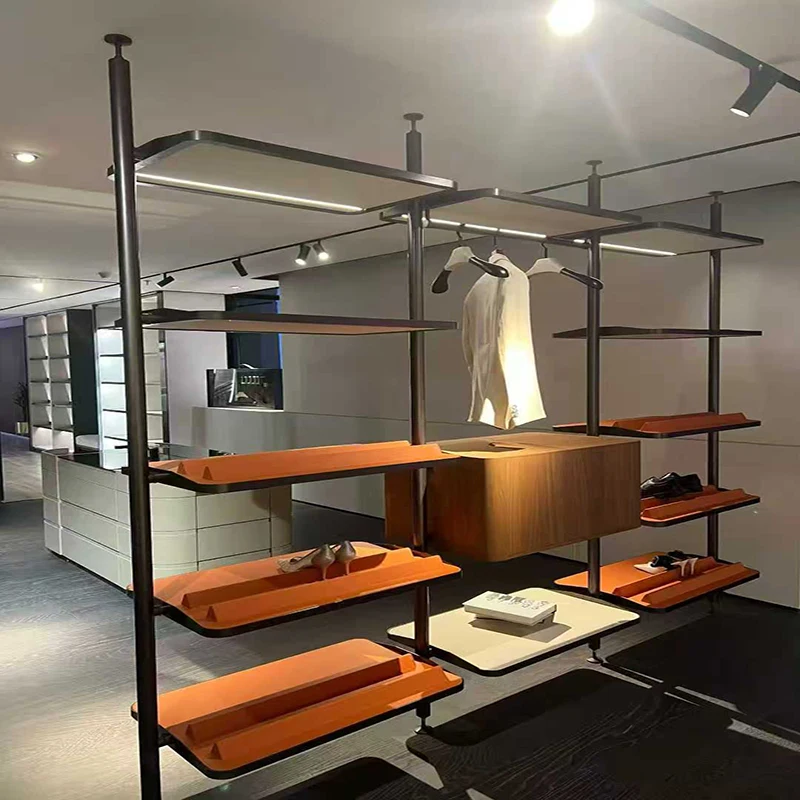 Adjustable steel clothing display stand with wheels, double track, LED lighting