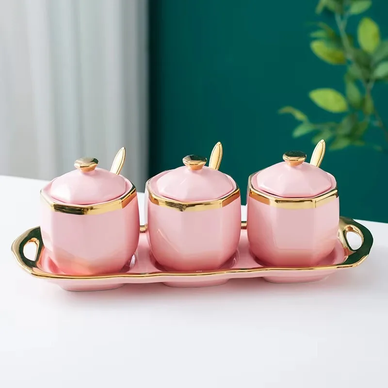 Deluxe Ceramic Seasoning Jar Set Kitchen Salt Sugar Seasoning Box Set Seasoning Tray with Lid Spoon