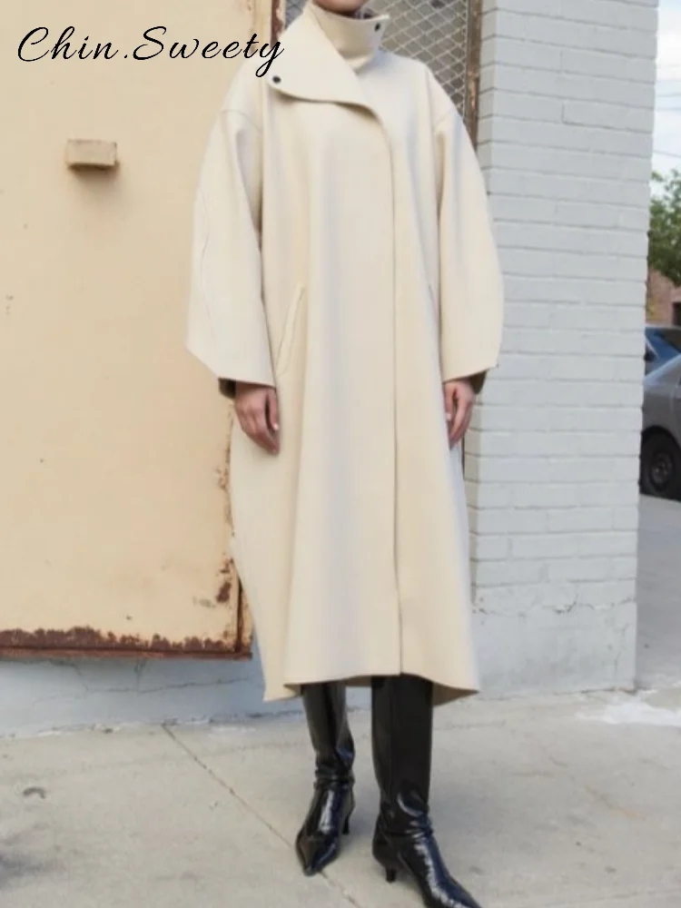 

Elegant Women's Batwing Sleeve Long Trench Coat Loose Solid Stand Collar Hidden Buckle Overcoats 2025 Autumn Winter Lady Outwear