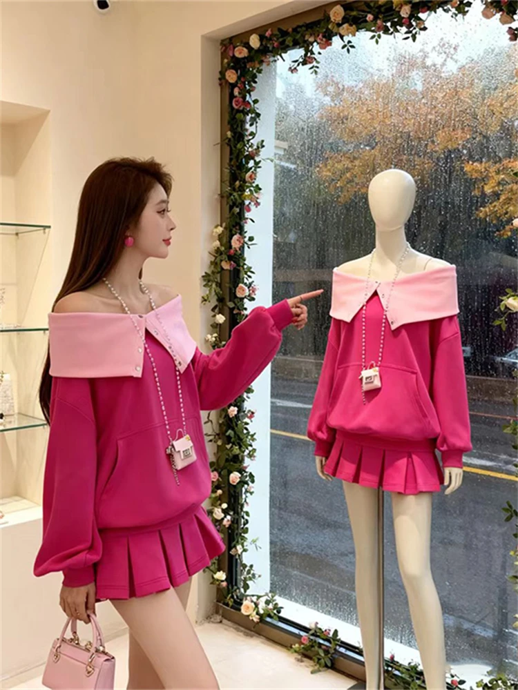 

Sweet Sle Women's oulder-baring Collared Sweatirt Set Early Autumn New Design Versatile Skirt Two-piece Ensemble