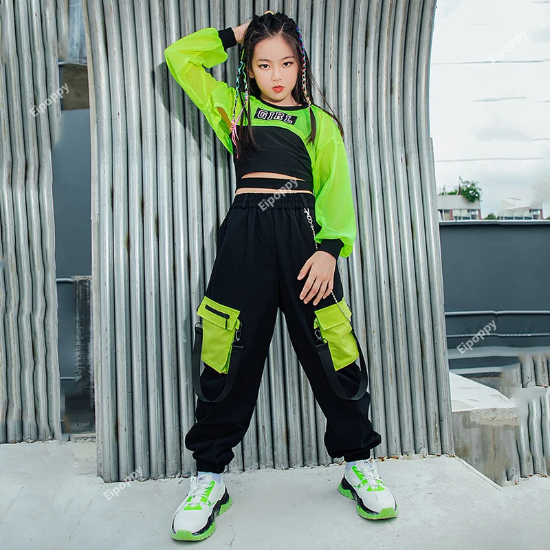 Top gilet nero pantaloni Cargo Street Dance Performance Wear bambini vestiti Hip Hop ragazze Jazz Dance Costume Neon Green Crop