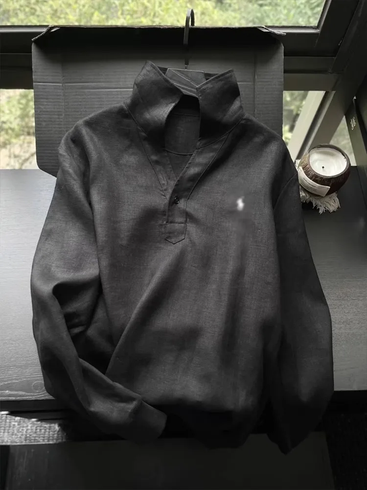 

Bla Linen Long Sve irt Men Summer Embroidered Thin Sun Protection Loose Lazy High-End Feeling Outerwear Breathable